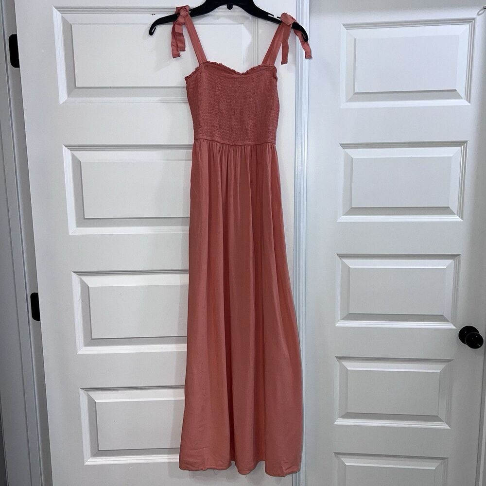 True Craft Pink Coral Smocked Tie Strap Maxi Dress Small